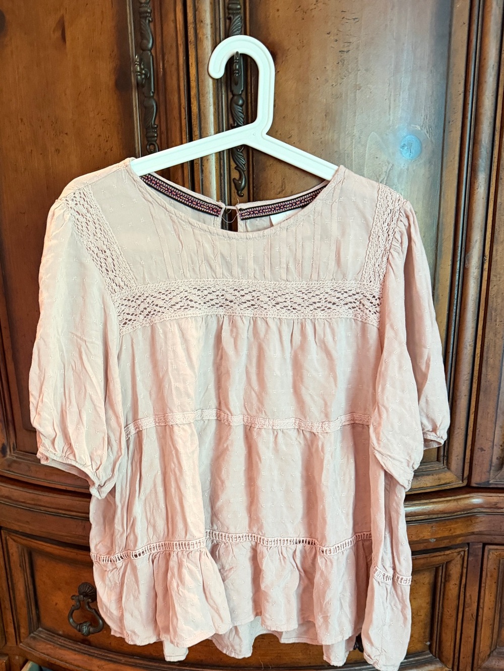 Knox Rose Blush Pink Crochet Yoke Peasant Top
